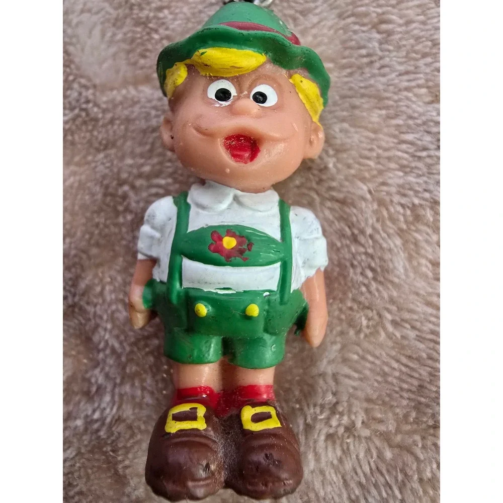 Vintage Lederhosen Boy Keychain German Bavarian Souvenir Rubber Figure Green Hat
